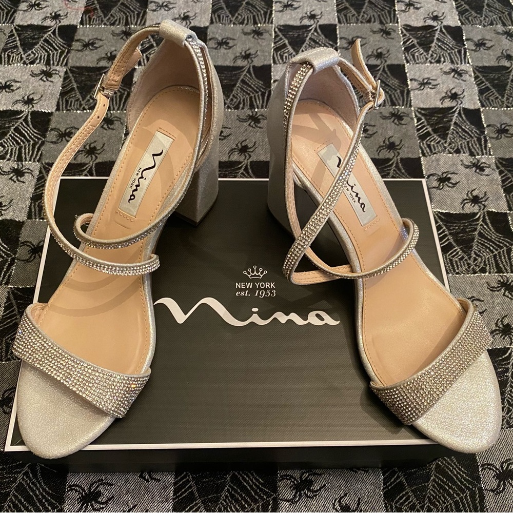 Nina Silver Crystal Rhinestone Open Toe Heel Sandal
